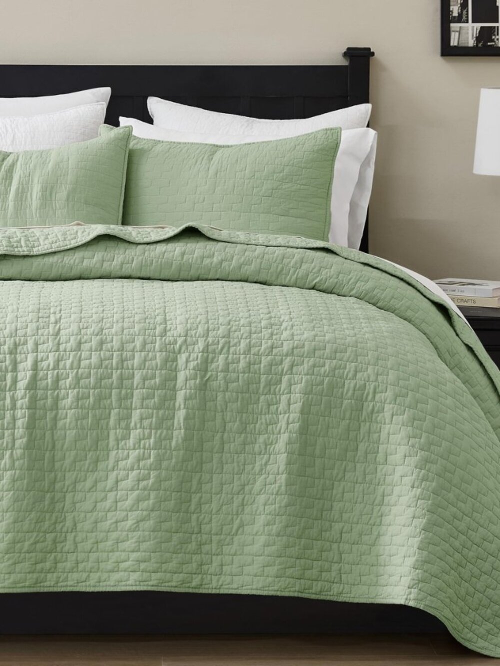 Sage Green 100% Cotton Quilt Queen Size Bedding Sets with 2 Pillow Shams